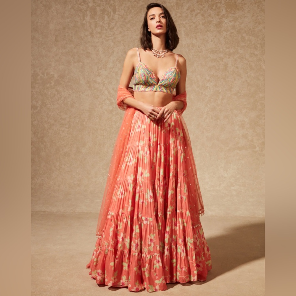 Chamee and Palak Kynah peach lehenga